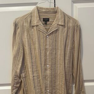 Club Monaco Tan Striped Casual Button Down Linen Shirt